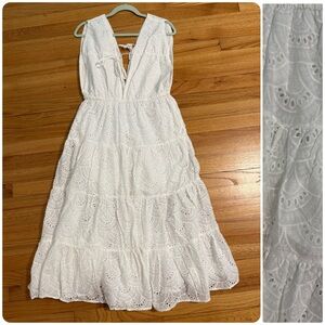 100% Cotton-Better Be- White Eyelet Tiered Midi Dress with Tie Size M